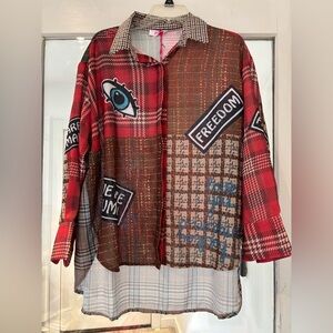 Women's Long Sleeve Patchwork Plaid Shirt - Red/Brown